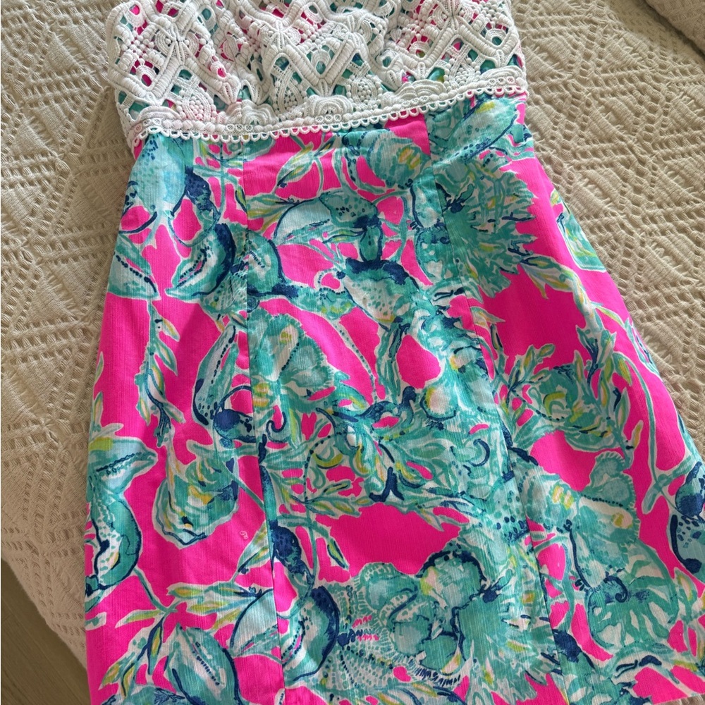 Lilly Pulitzer Pink and Green Dress strapless eyelet bust size 4 excellent